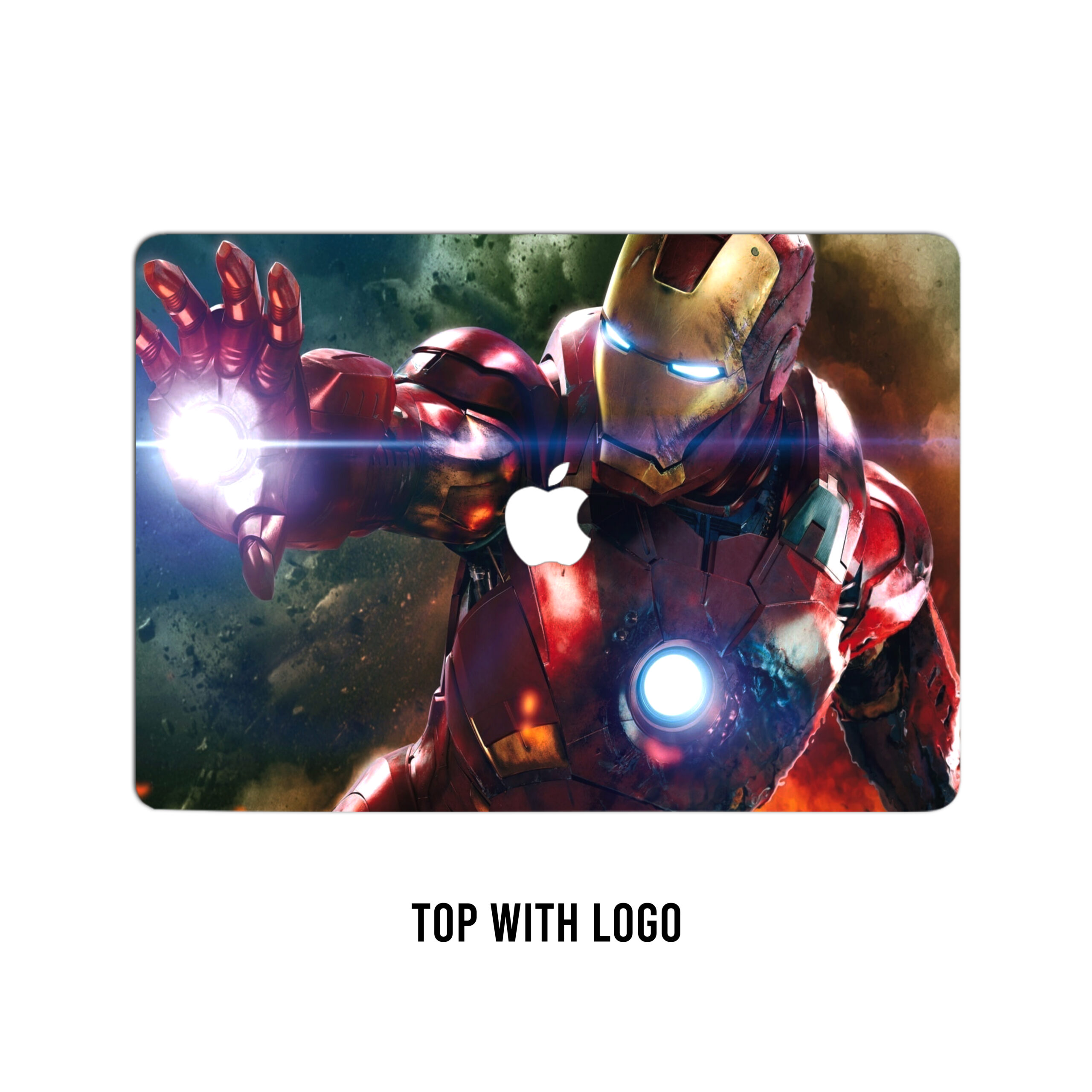 The laptop skin captures Iron Man in the heat of battle, unleashing a barrage of energy from his hands with eyes ablaze